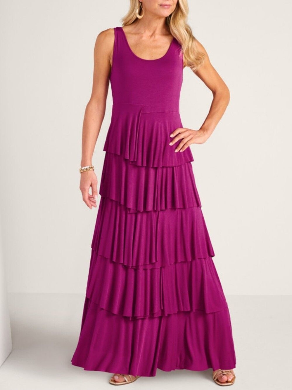 Soft Surroundings Dominique Tiered Ruffle Maxi Dress Fuchsia Berry Sz 1X Plus